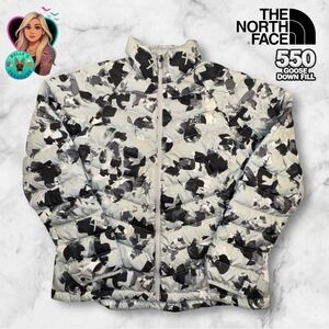 The North Face Jacket Women's XL 550 Goose Down Puffer Black White Floral Camo